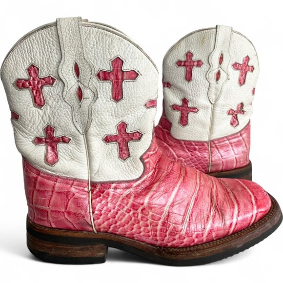 Ferrini Pink White Crosses Leather Distressed Western Cowgirl Cowboy Boots 8.5 - Picture 1 of 15